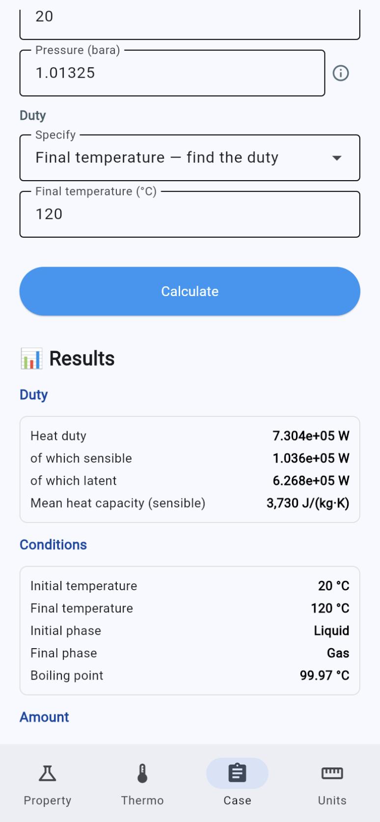 ProcessChem Heater case: heat duty, conditions and amounts for water heated from 20 to 120 degrees Celsius