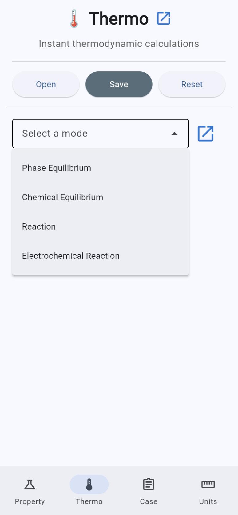 Thermo tab with the mode list: Phase Equilibrium, Chemical Equilibrium, Reaction and Electrochemical Reaction